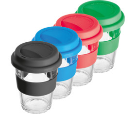 Glass mug with silicon sleeve and lid