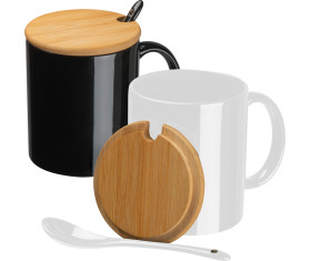 Ceramic mug with spoon and bamboo lid