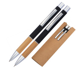 Aluminium wrting set with pen and pencil with bamboo gripzone