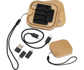 Cable and adapter set in a bamboo box