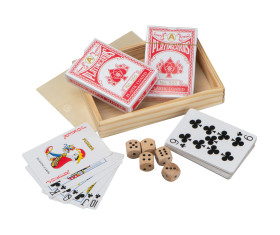 Playing cards in wooden box with dice