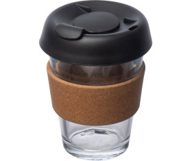 Glass mug with leak proof lid and a cork gripzone